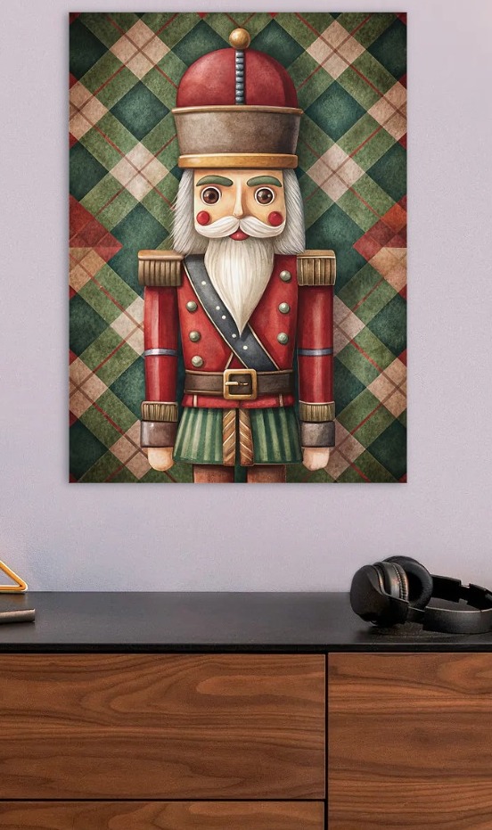 Nutcracker Portrait on Plaid Background — metal poster wall art by Lineer